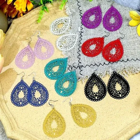 Ophelia Filigree Teardrop Water Drop Dangle Earrings Purple Plum Gift Packaged - Picture 2 of 8